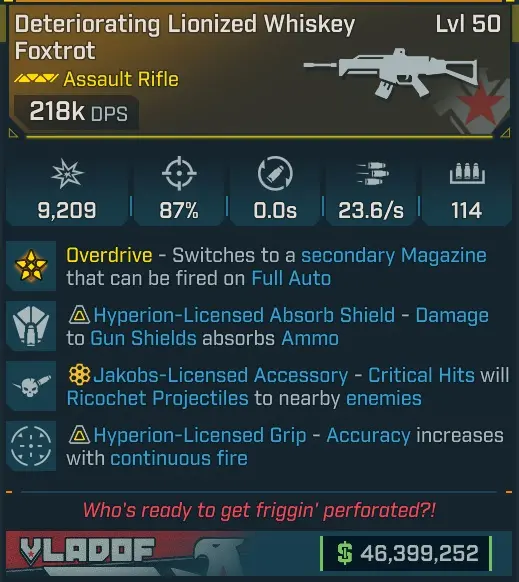 [MODDED] L50 WHISKEY FOXTROT - 218K DPS - 23.6/s FIRE RATE - INSTANT RELOAD - THROWN WEAPON ON RELOAD!