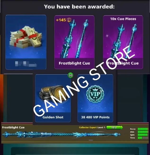 2550 Cash + 10 Frostblight Cue Pieces + 30 Golden Shots + Vip Points - In Your Account