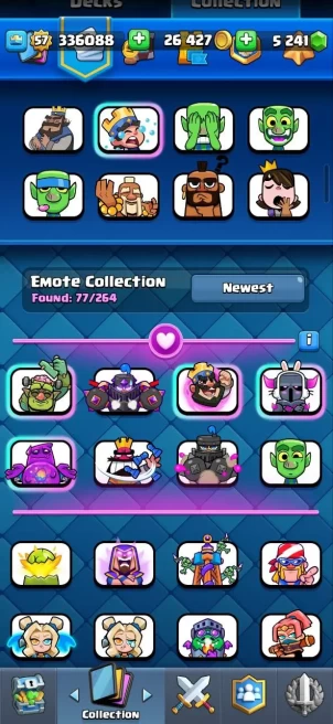 Clash royal (Android/iOS) KT 15 - lvl 57 - Cards121 /121/eliteCard 13/ Max Card 34/evo card13/Emote 77/ skin tower 6 /Fast delivery/trophy 15k