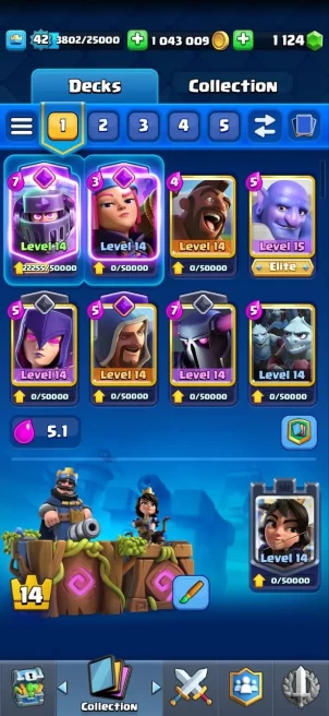 Clash royal (Android/iOS) KT 13 - lvl 42 - Cards121 /121/ Max Card 15/lvl 13/ 7evo card8/Emote34 / skin tower 3 /Fast delivery/ trophy 9550