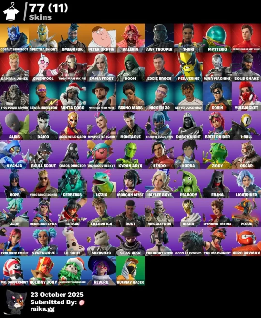 [PC/PSN/XBOX] 77 skins | Cobalt Snowfoot | Spectra Knight | Omegarok | Peter Griffin | Valeria | AWR Trooper | Shuri | Mysterio