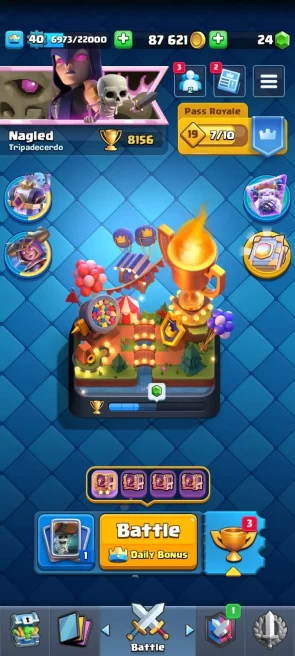 7 YR OLD CR 8156 CUPS, 6 MAX CARDS, 2 EVO , 33 EMOTES, 3 TOWER SKIN, 58 BADGES, 26 DECORATION, 31 FRAMES, KT 13, ARENA 21 AND LEVEL 40