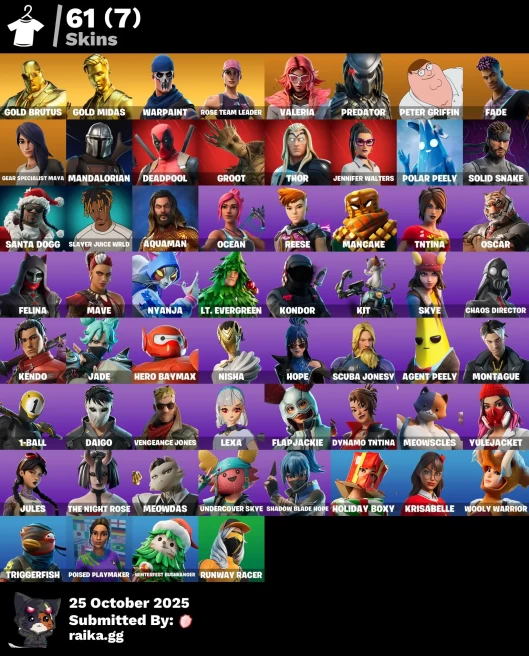 [PC/PSN/XBOX] 61 skins | OG STW | Gold Brutus | Gold Midas | Valeria | Predator | Peter Griffin | Fade | Gear Specialist Maya | Mandalorian | 