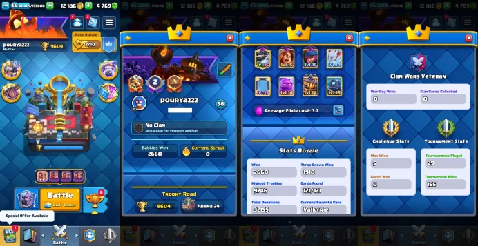 KT 15 | Level 56 |17 Evo Cards |(8Cards LvL15 || 32Cards LvL14) | 65 Emotes | 8 Tower Skins| Q587