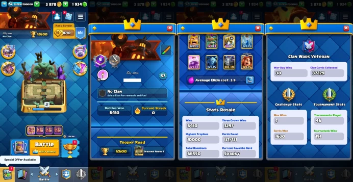 KT 15 | Level 57 |12 Evo Cards |(13Cards LvL15 || 30Cards LvL14) | 67 Emotes | 5 Tower Skins| Q589