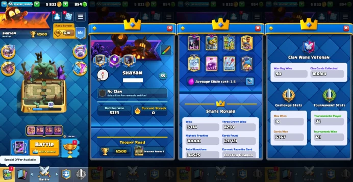 KT 15  | Level 55 |12 Evo Cards |(8Cards LvL15 || 32Cards LvL14) | 71 Emotes | 6 Tower Skins| Q590
