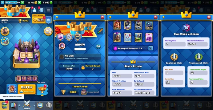 KT 15 | Level 56 |14 Evo Cards |(8Cards LvL15 || 67Cards LvL14) | 85 Emotes | 7 Tower Skins| Q595