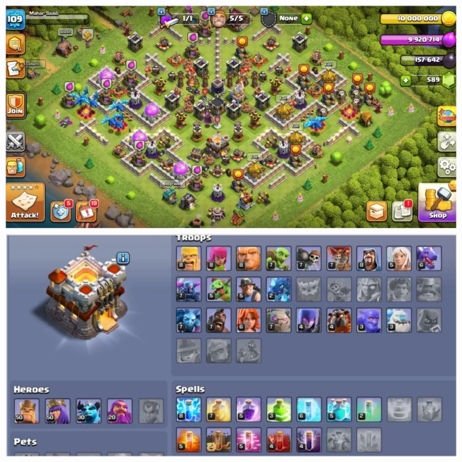 TH 11 FULL MAX !! BK 50 AQ 50 GW 20 MP 30 !! 5 EPIC EQUIPMENTS ( 2 EPIC MAX) !! MAGIC ITEMS !! NC AVAILABLE !! FULL ACCESS !! INSTANT DELIVERY