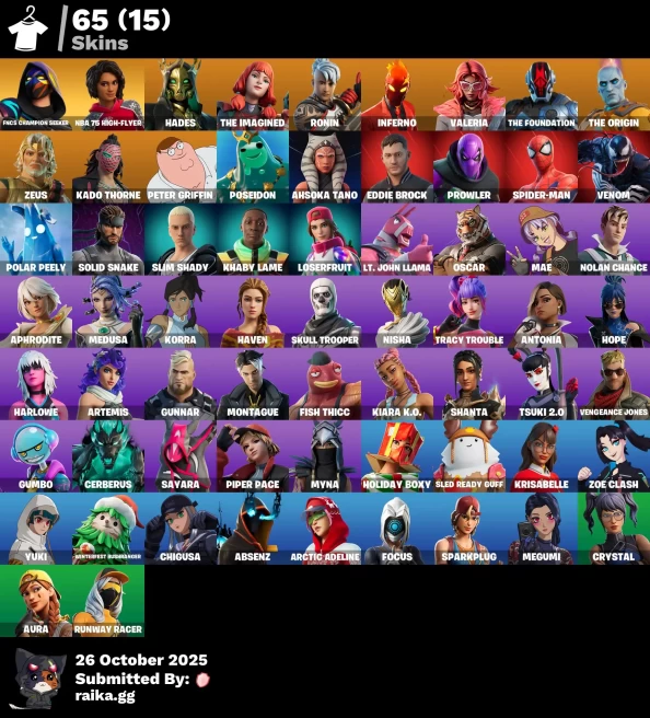 [PC/PSN/XBOX] 65 skins | FNCS Champion Seeker | NBA 75 High-Flyer | Hades | The Imagined | Ronin | Inferno | Valeria | The Foundation