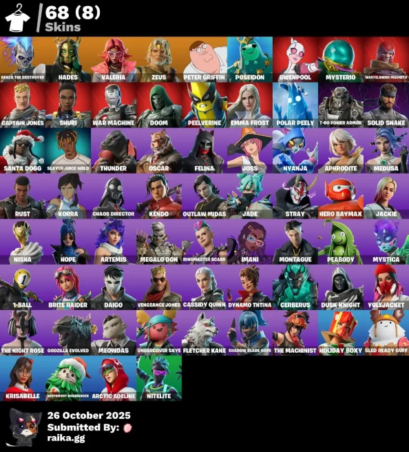 [PC/PSN/XBOX] 68 skins | Renzo the Destroyer | Hades | Valeria | Zeus | Peter Griffin | Poseidon | Gwenpool | Mysterio | Wastelander Magneto