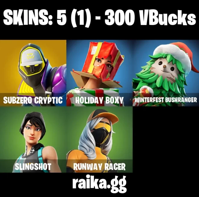 [PSN/XBOX/PC] 5 skins | Subzero Cryptic | Holiday Boxy | Winterfest Bushranger | Slingshot | Runway Racer | Ruby Relic | Piñata Brian | 300 VB