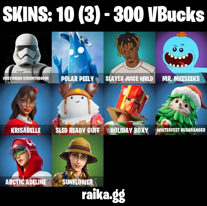 [PSN/PC] 10 skins | First Order Stormtrooper | Polar Peely | Slayer Juice WRLD | Mr. Meeseeks | Krisabelle | Holiday Boxy | 300 VB