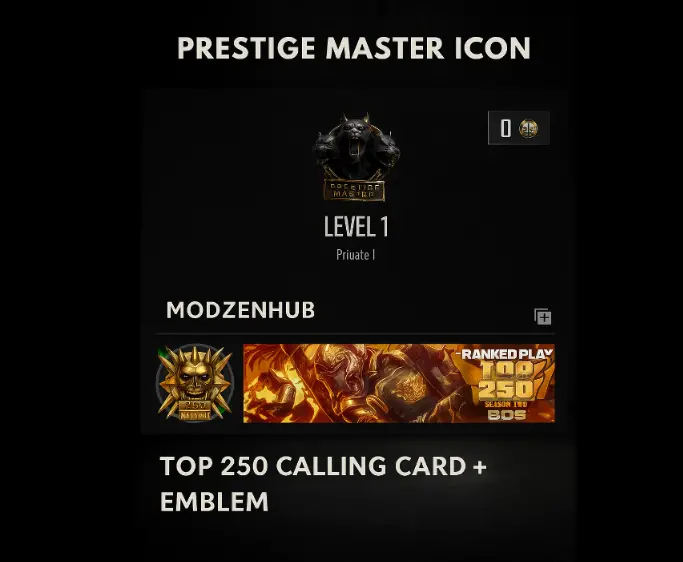 Warzone 4 Prestige Master icon  Top 250 Emblem & Calling Card 20 Tracer Blueprints 10 Meta Loadouts+Custom Loadouts Dark Matter | Nebula | Abyss