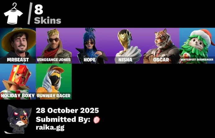 [PC/PSN/XBOX] 8 skins | MrBeast | Vengeance Jones | Hope | Nisha | Oscar | Winterfest Bushranger | Holiday Boxy | Runway Racer