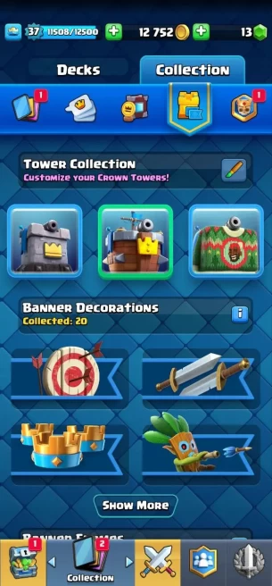 Clash royal (Android/iOS) KT 12 - lvl 37 - Cards108 /120 - Max Card 9 _lvl 13 card 1 /Emote 49 / skin tower 3 /Fast delivery/Cheap sale