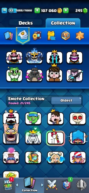 Clash royal (Android/iOS) KT 11 - lvl 33 - Cards114 /120 - Max Card 1 _lvl 12 card 2 /Emote 21 / evo card 7/ skin tower 1 /Fast delivery/Cheap 