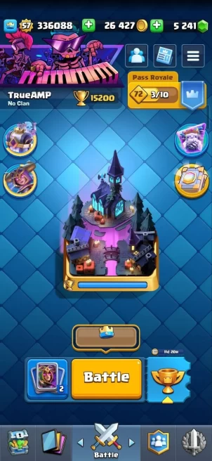 Clash royal (Android/iOS) KT 15 - lvl 57 - Cards121 /121/eliteCard 13/ Max Card 34/evo card13/Emote 77/ skin tower 6 /Fast delivery/Cheap sale