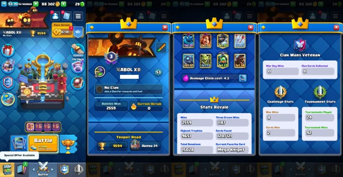 KT 14 | Level 53 |11 Evo Cards |(5Cards LvL15 || 16Cards LvL14) | 80 Emotes | 7 Tower Skins| Q543