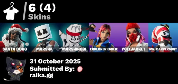 [PC/PSN/XBOX] 6 skins | Santa Dogg | Marsha | MARSHINOBI | Explorer Emilie | Yulejacket | Mr. Dappermint | Lunar Hyperjet | Shockwave Blades