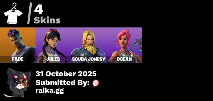 [PC/XBOX] 4 skins | Fade | Jules | Scuba Jonesy | Ocean | Gwenpool's Katanas | Beachcomber | Deep Dive | Society Emblem Ranker