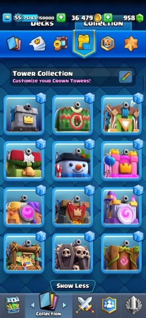 Clash royal (Android/iOS) KT 14 - lvl 55 - Cards121 /121/eliteCard 6/ Max Card 45/evo card7/Emote 155 / skin tower 12 /Fast delivery/Cheap sale