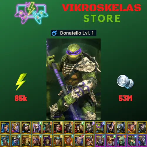 Starter acc with Donatello : 85k energy / 53 mln coins / Rae, Karato, Arix, Ninja + 18 Login Legendaries / Rector Drath, Magnarr
