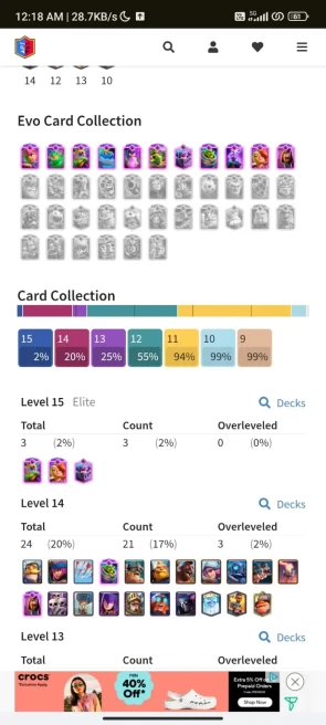 4 YR OLD CR 11740 CUPS , 24 MAX CARDS , 3 ELITE, 11 EVO , 33 EMOTES, 4 TOWER SKIN, 88 BADGES, 52 DECOR, 62 FRAMES, KT 14, ARENA 24 AND LEVEL 52