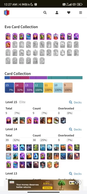 4 YR OLD CR 13500 CUPS , 39 MAX CARDS , 9 ELITE, 12 EVO , 136 RARE EMOTES, 7 TOWER SKIN, 135 BADGES, 87 DECOR, 96 FRAMES AND LEVEL 56