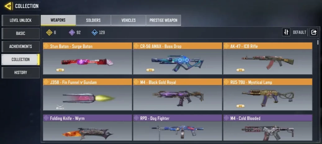 COD Mobile 6 legend gun LVL 96 92 Epic Guns 44 Characters Epics C: 182 Saved: Activision Complete Access I... ! MKG04687