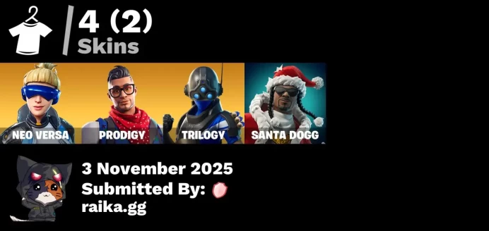 [PC/XBOX] 4 skins | Neo Versa | Prodigy | Trilogy | Santa Dogg | Tabulator | Reliant Blue | That's Cold Jac! | Snoop's Holladizzle Bass