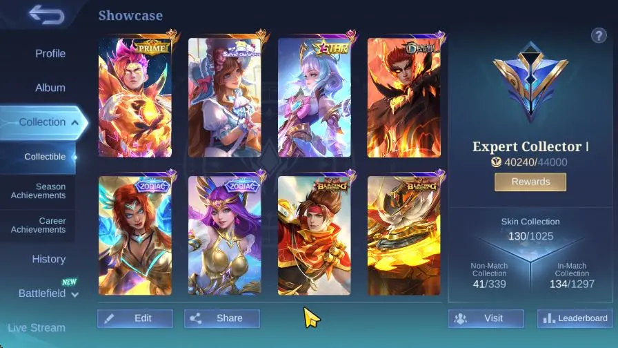 Hero 71 Skin 130|KOF Karina,Prime Claude,Sanrio Floryn,Star Angela|7 Epic,2 Zodiac,Etc|Take Email|Check SS (MLBB1609)