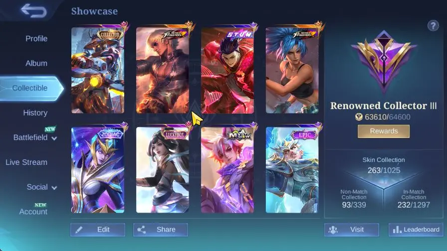 Hero 130 Skin 263|KOF(Gusion,Karina),Collector(YSS,Natalia),LBox Guinevere,Stun Chou,13 EPIC,Etc|Take Email|Check SS(MLBB1616)