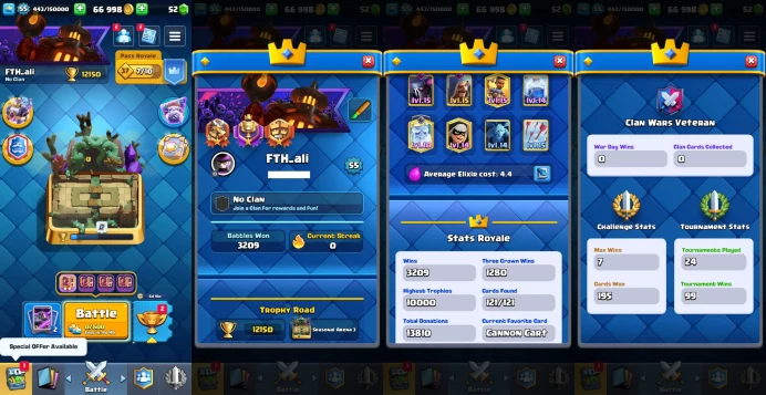 KT 15 | Level 55 |11 Evo Cards |(7Cards LvL15 || 34Cards LvL14) | 92 Emotes | 8 Tower Skins| Q608