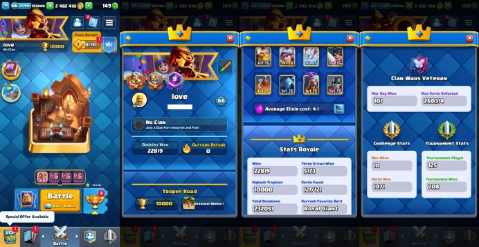 KT15 | Level 66 |18 Evo Cards |(59Cards LvL15 ||57Cards LvL14) | 243 Emotes | 12 Tower Skins| Q611