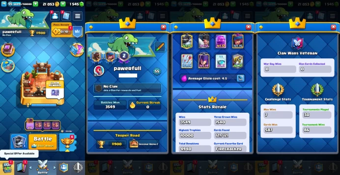 KT 15 | Level 55 |13 Evo Cards |(8Cards LvL15 || 27Cards LvL14) | 70 Emotes | 8 Tower Skins| Q613