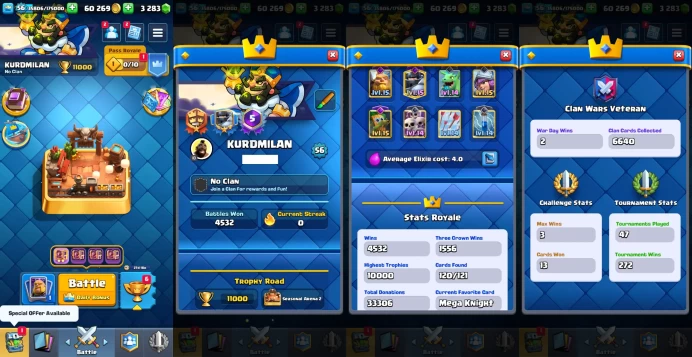KT 15 | Level 56 |12 Evo Cards |(8Cards LvL15 || 30Cards LvL14) | 57 Emotes | 6 Tower Skins| Q614