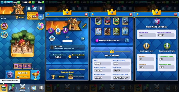 KT 15 | Level 58 |14 Evo Cards |(13Cards LvL15 || 60Cards LvL14) | 177 Emotes | 12 Tower Skins| Q616