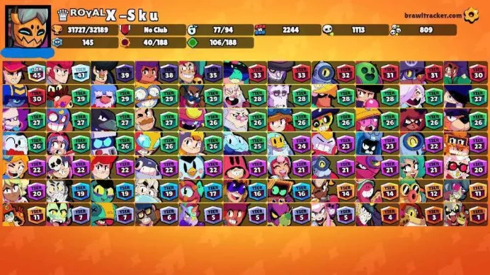 32K Trophies LVL121 | 77/99 Brawlers | 10 Max Brawlers - 4 Hypercharged | 67 Skins | 184 Pins | 129 Icons |  Legendary Rank 35  Max Power rare 