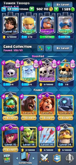 Clash royal (Android/iOS) KT 15 - lvl54 - Cards120 /121/eliteCard 6/ Max Card 40/evo card5/Emote 95 / skin tower 8 /Fast delivery/Cheap sale