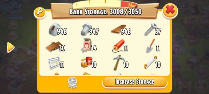 H51◆FARM LVL 52◆1.4M COINS◆BARN STORAGE: 3050◆SILO STORAGE: 800◆948 MIX METARIALS