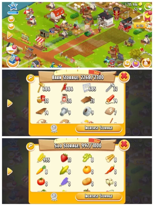 Level 47+ ▰ Hay Day Storage Farm ▰ 2300 Barn ▰ Silo 900+ ▰ 1.3M Coins ▰ Full Items ▰ Premium Ready