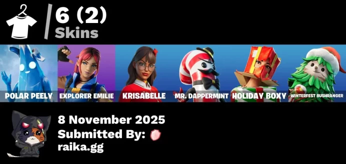 [PC/PSN/XBOX] 6 skins | Polar Peely | Explorer Emilie | Krisabelle | Mr. Dappermint | Holiday Boxy | Winterfest Bushranger | Lunar Hyperjet
