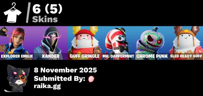 [PC/PSN/XBOX] 6 skins | Explorer Emilie | Xander | Guff Gringle | Mr. Dappermint | Chrome Punk | Sled Ready Guff | Spectra Protector