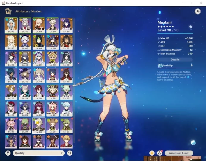 ASIA|AR 55|Free ZZZ|4 Limited + 4 [5 Star Weapon]|Mualani C1+Sign,Kazuha+Sign,Raiden,Lauma|MC Female|Take Email|Check SS(GI3193)
