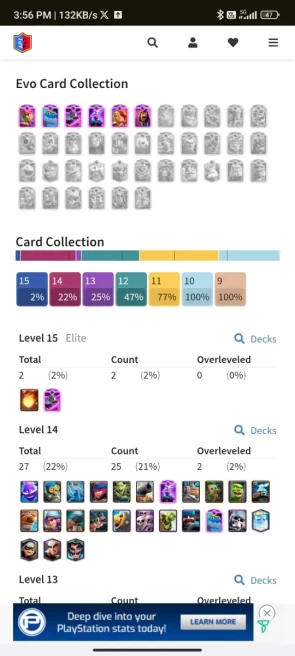 4 YR OLD CR 10800 CUPS, 27 MAX CARDS , 2 ELITE, 6 EVO , 96 EMOTES, 5 TOWER SKIN, 123 BADGES, 66 DECOR, 75 FRAMES,ARENA 24, LEVEL 51 AND OP SKINS