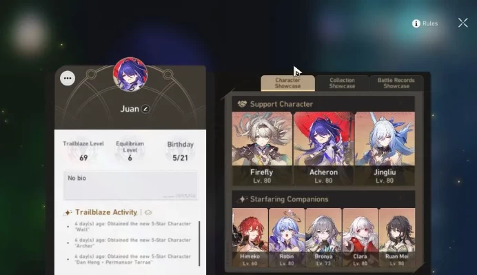 ASIA |TL 69|9 Limited |Acheron+Sign,Robin,Firefly,Jingliu,Lingsha,Dr Ratio,Etc|Mc Female|Penacony|Take Mail|Check SS(HSR4035)
