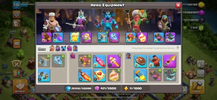 TH 17 MAX , 10 EPIC EQUIOMENT MAX , 2K GEMS , HERO MAX , SKINS , CH NAME 1000(77)