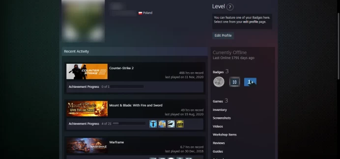 2016 Service Medal , 10Y _ << FACEIT >>_Last Online 4 year ago_ <<30 Days Warranty>>_7 LEVEL STEAM_NO VAC_ Loyalty, 5Y, Global Badge_466 hrs