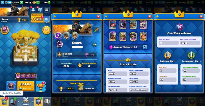 KT 14 | Level 53 |12 Evo Cards |(5Cards LvL15 || 27Cards LvL14) | 75 Emotes | 9 Tower Skins| Q602