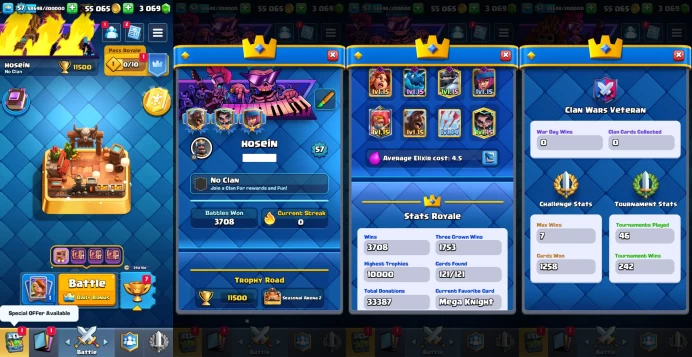 KT 15 | 57 Level |12 Evo Cards |(12Cards LvL15 || 46Cards LvL14) | 85 Emotes | 7 Tower Skins| Q621